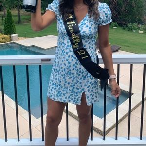 Blue and white floral print mini dress